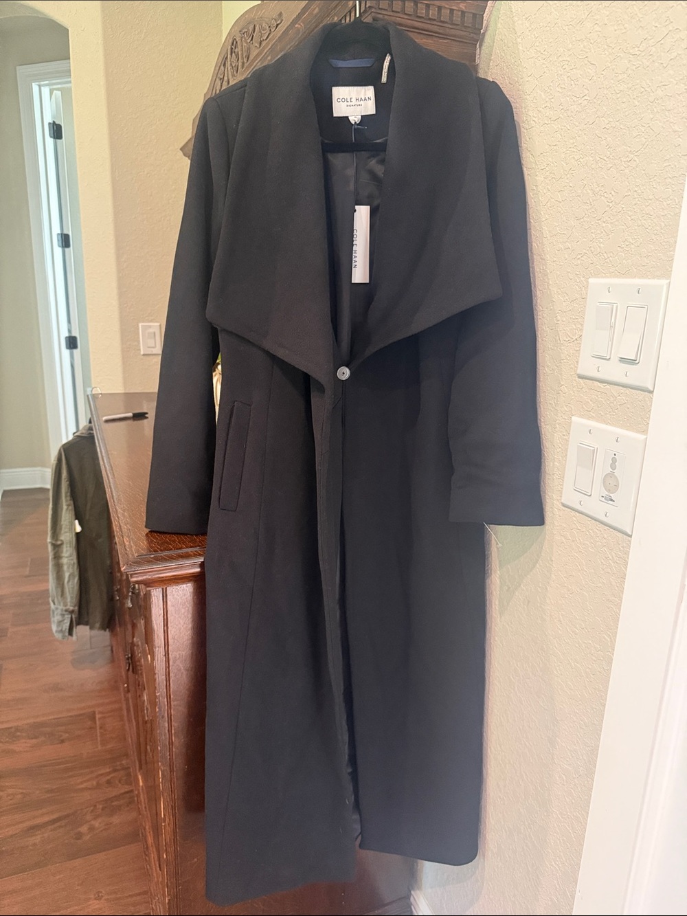 Cole Haan Black Long Draped Trench Coat